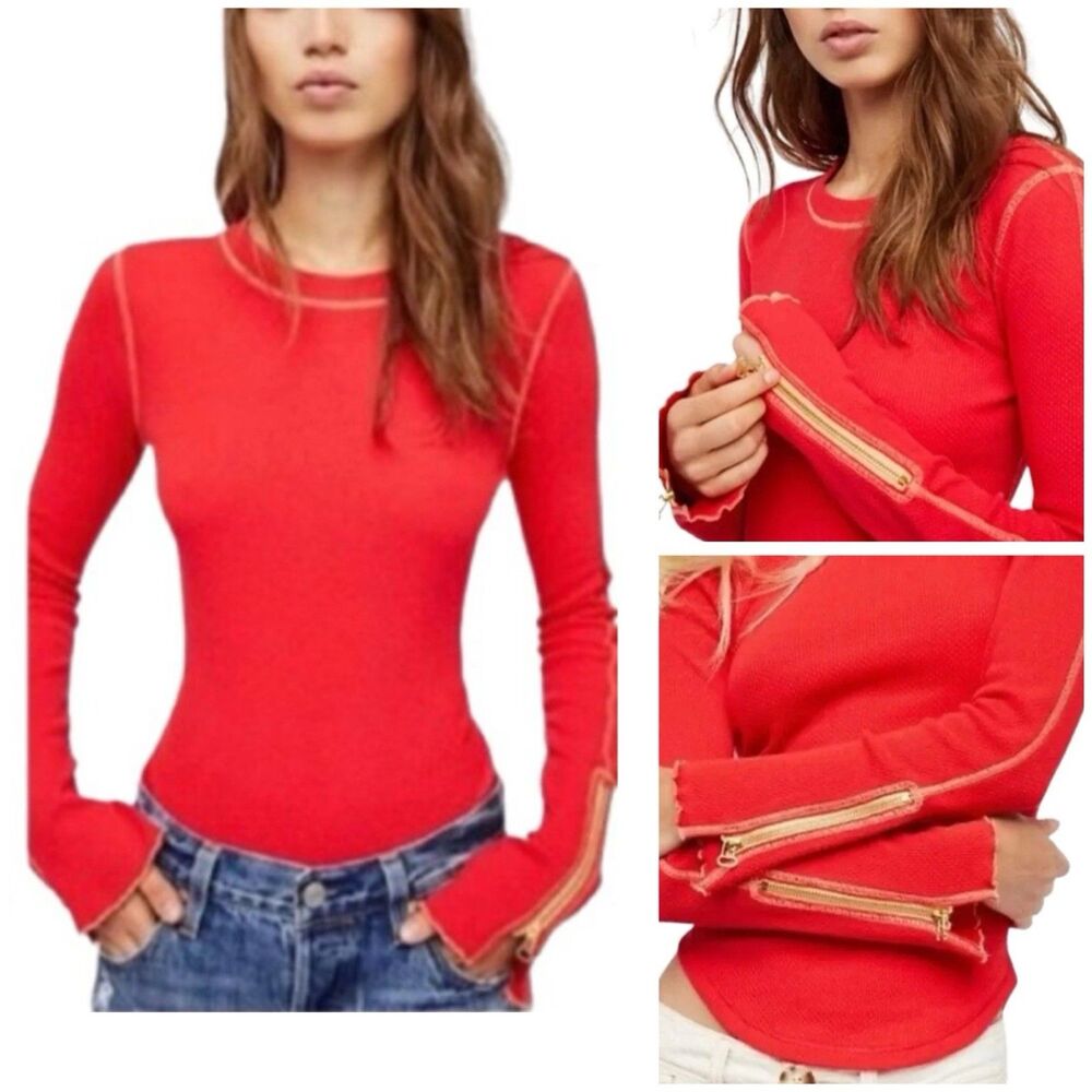 FREE PEOPLE Zip It Cuff Thermal Long-Sleeve Top Red Gold Trim Size M Boho Grunge